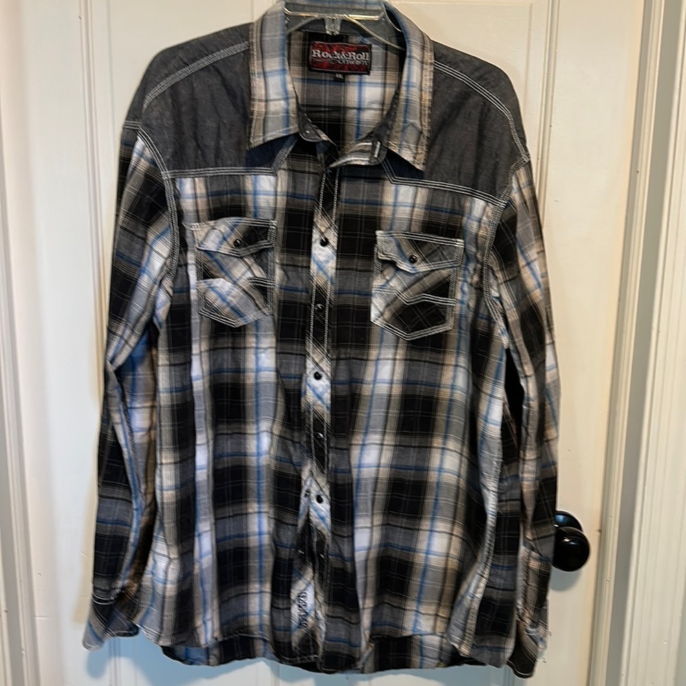 Rock &‎ Roll Cowboy pearl snap shirt black, white, and blue plaid Size XXL